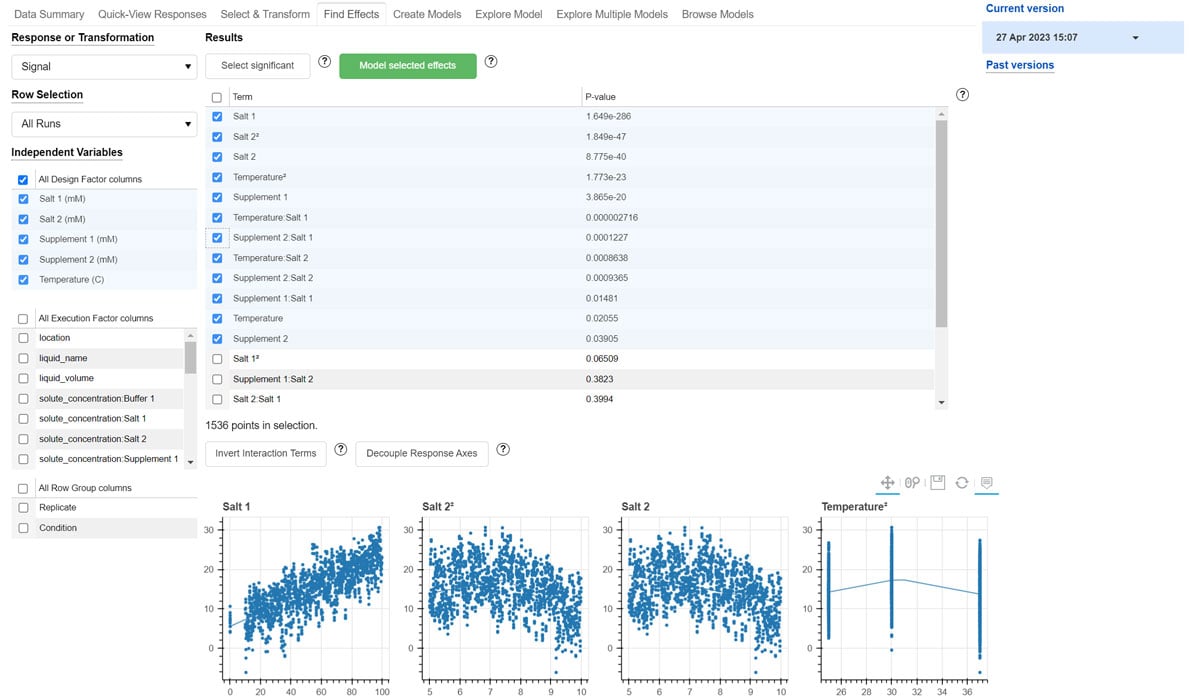 Choose which effects should be modeled when analyzing your DOE data on Synthace