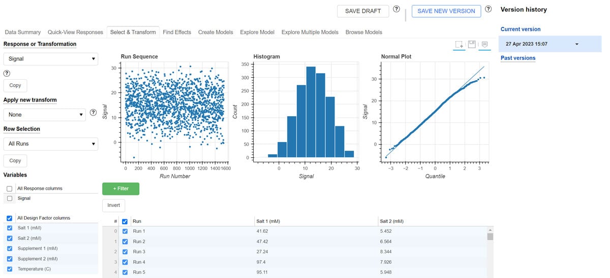 DOE data analysis on Synthace: Select a subset of your data, then transform and evaluate it 