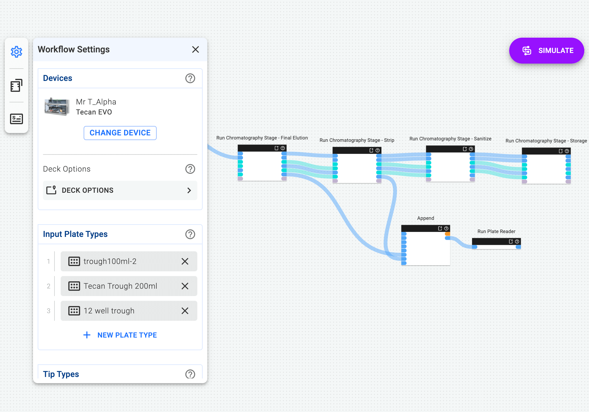 A screenshot of Synthace's workflow builder shows the workflow settings for a Tecan EVO with deck options customized for RoboColumns and elements for individual chromatography stages