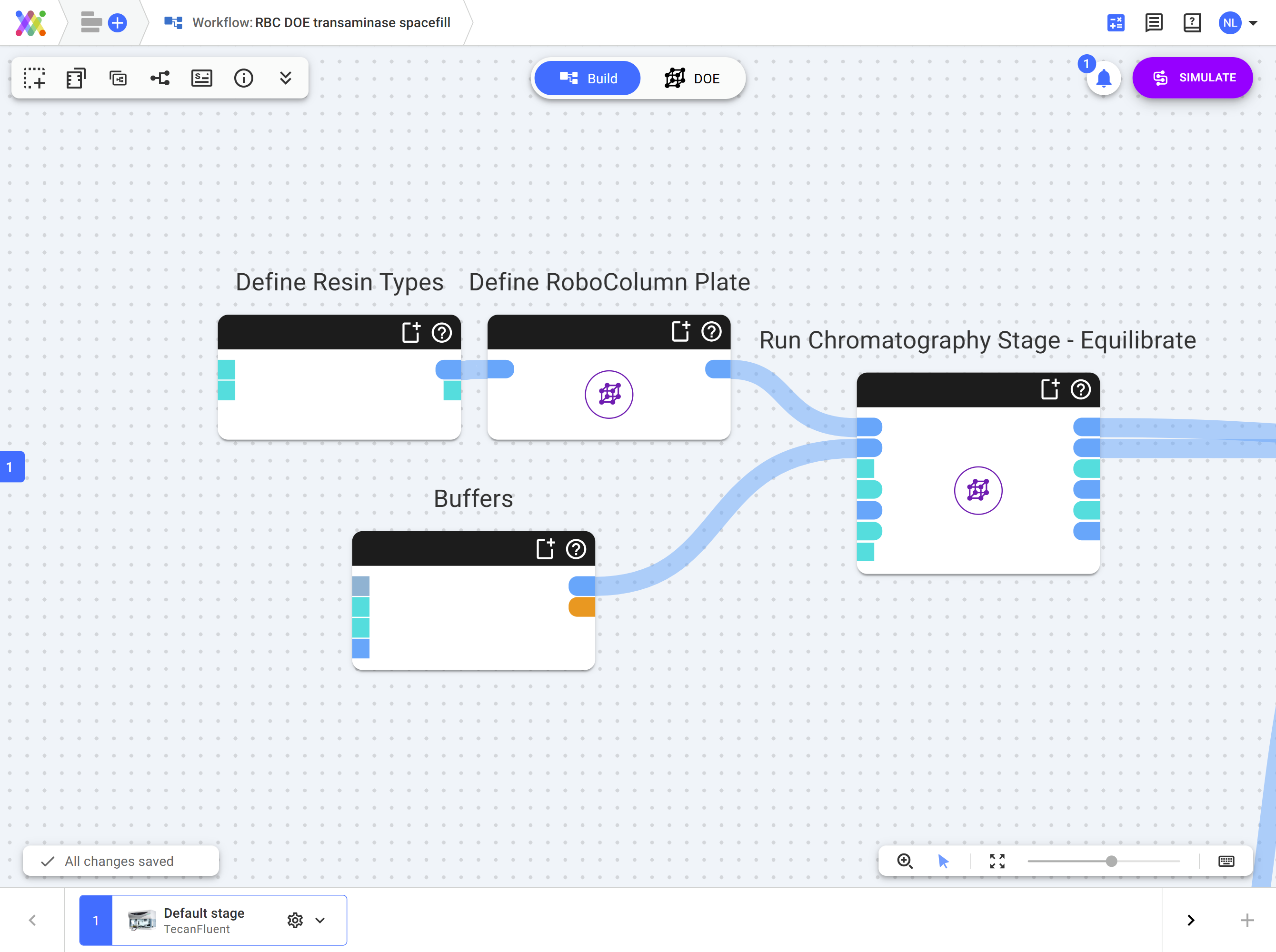 Set up a DOE design for robocolumns using Synthace