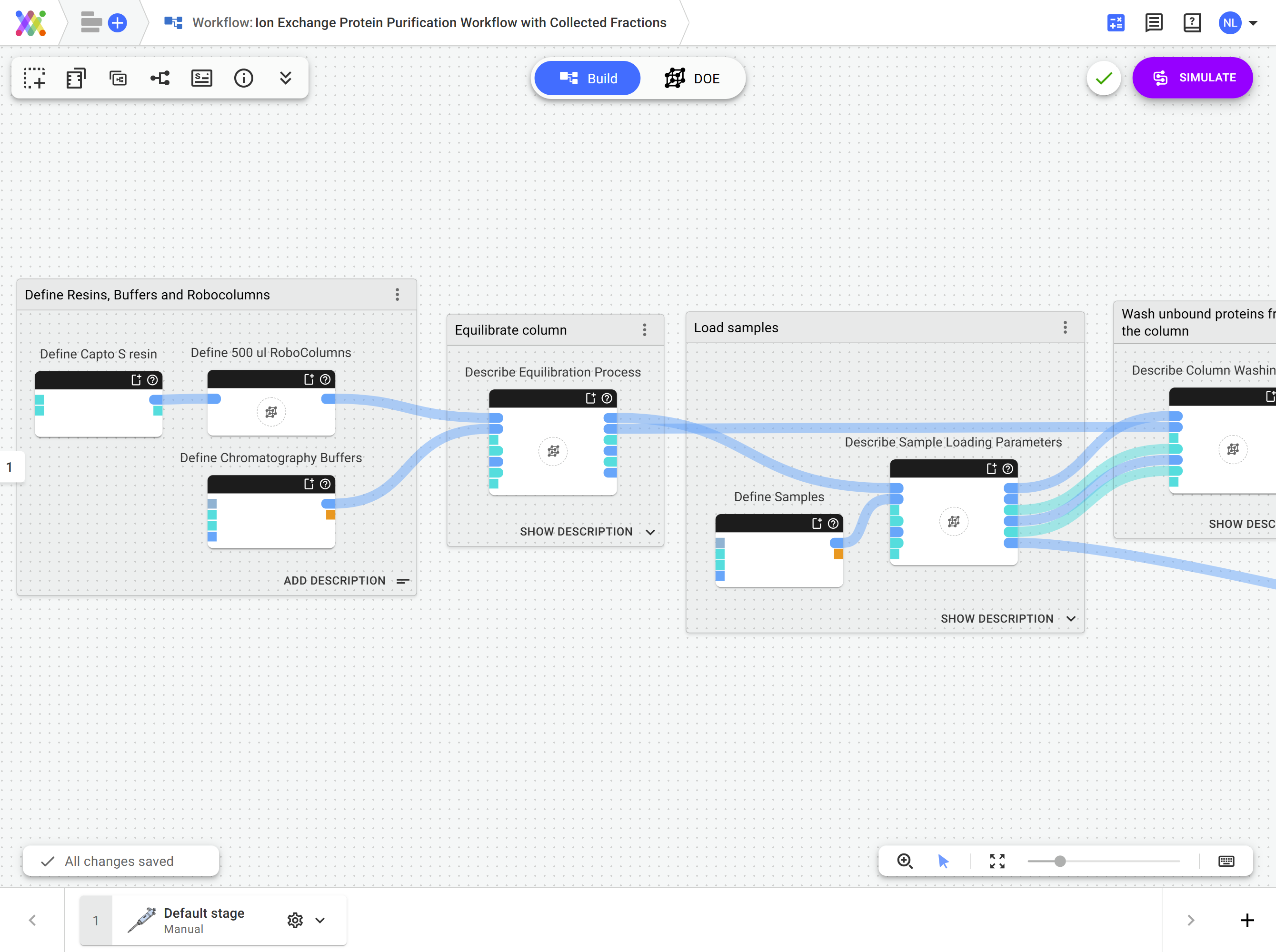 A screenshot of Synthace's workflow builder shows the workflow settings to define individual chromatography stages