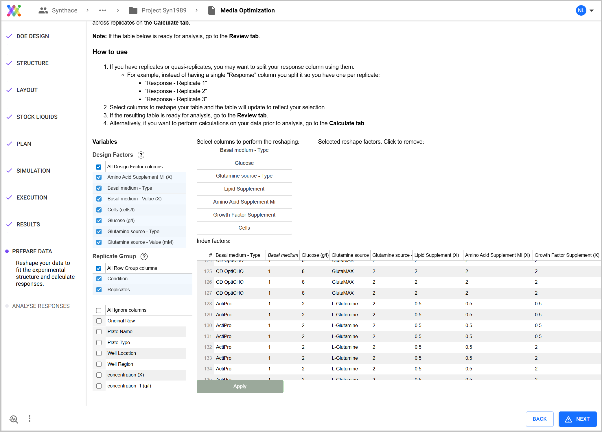 DOE data structuring
